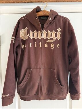 Vintage Y2K Coogi Heritage Full Zip Hoodie Brown Streetwear Sweatshirt XL XXL